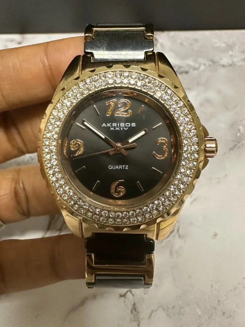 Akribos XXIV Watch Women Rose Gold Tone Black AK514RG New Battery 6.75